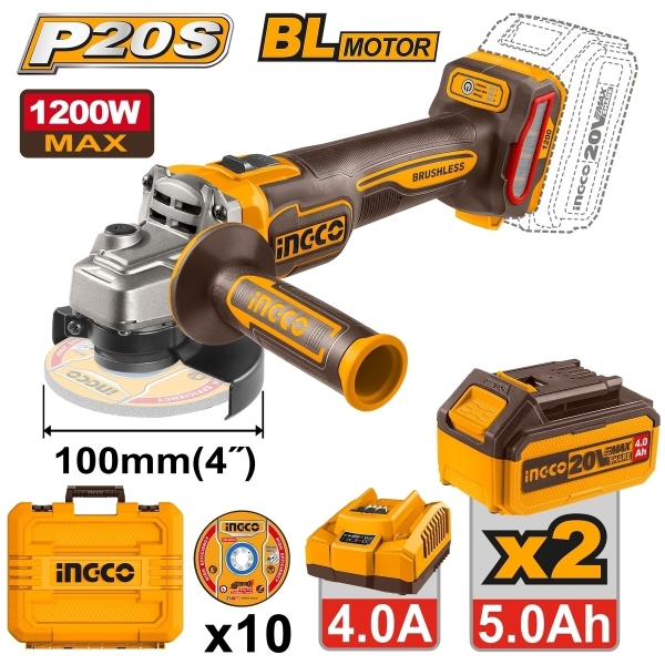 เครื่องเจียร์ไร้สาย ingco #CAGL12210032 4" 20V แบต 2 ก้อน กำลังไฟ 1200 วัตต์ ความเร็วรอบ 3SP รวมแบตเตอรี่และแท่นชาร์จ