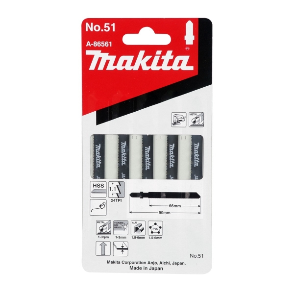 ใบเลื่อยจิ๊กซอ Makita# A-86561 ตัดเหล็ก/สเตนเลส5 ใบ/ชุดNo.51
